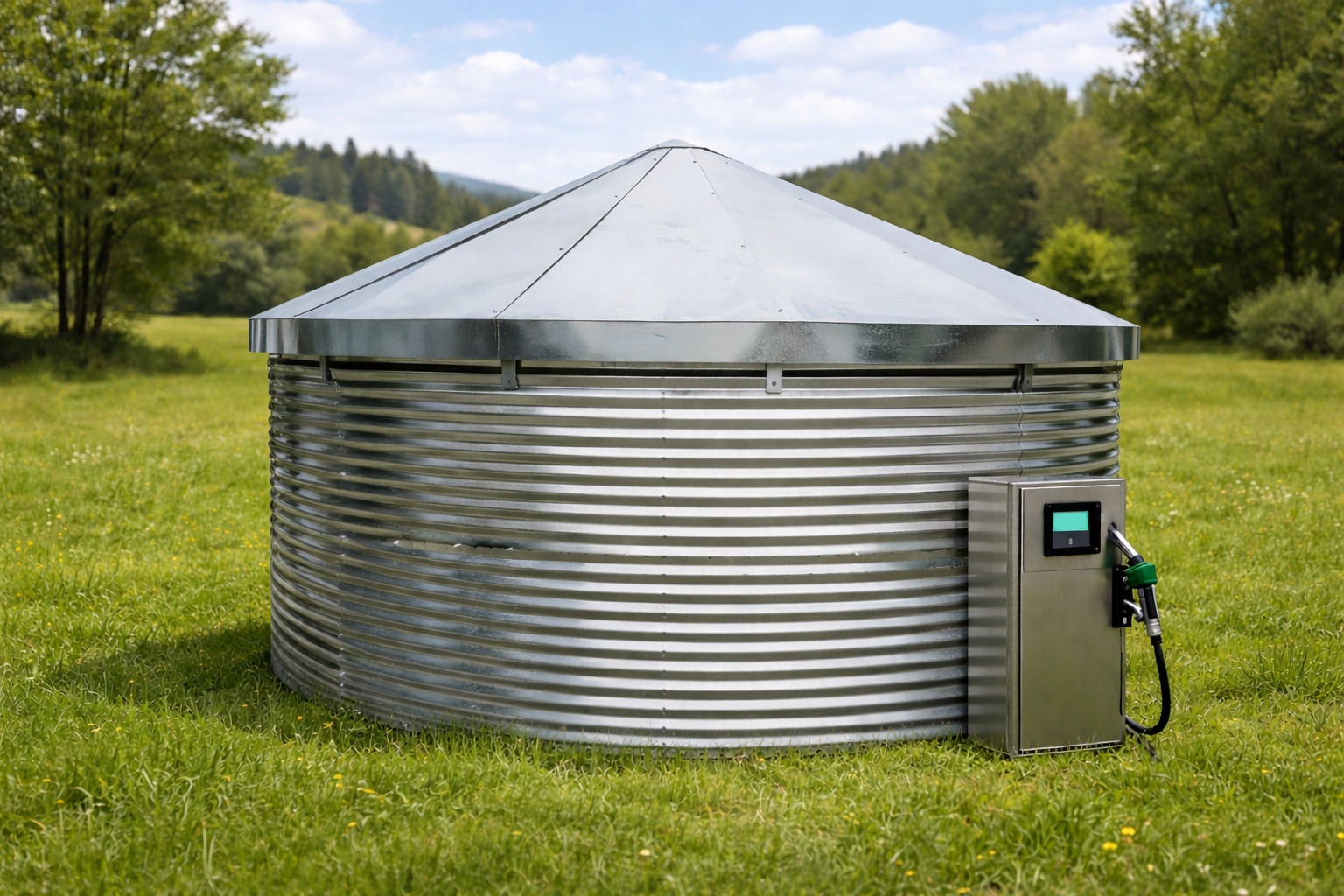 Tank-Metall-mit Zapfpistole-auf-Wiese